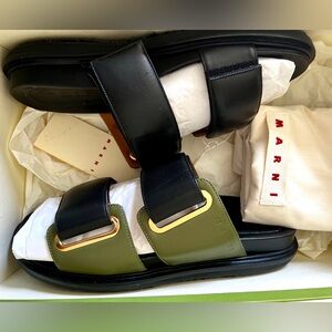 NWT box and dust bag Marni fusbet slides sandals 38 olive black